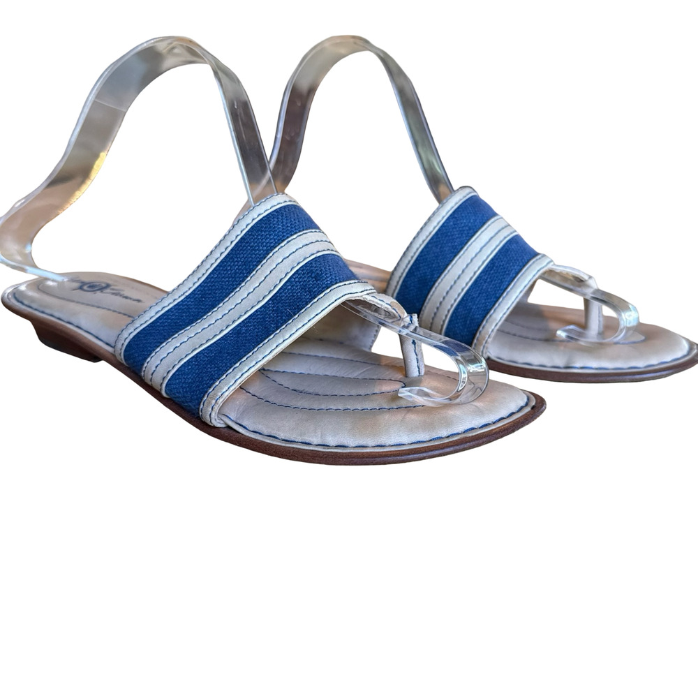 Born Crown Beige Blue Leather & Canvas Thongs Slides Flip Flops Sandals sz 8